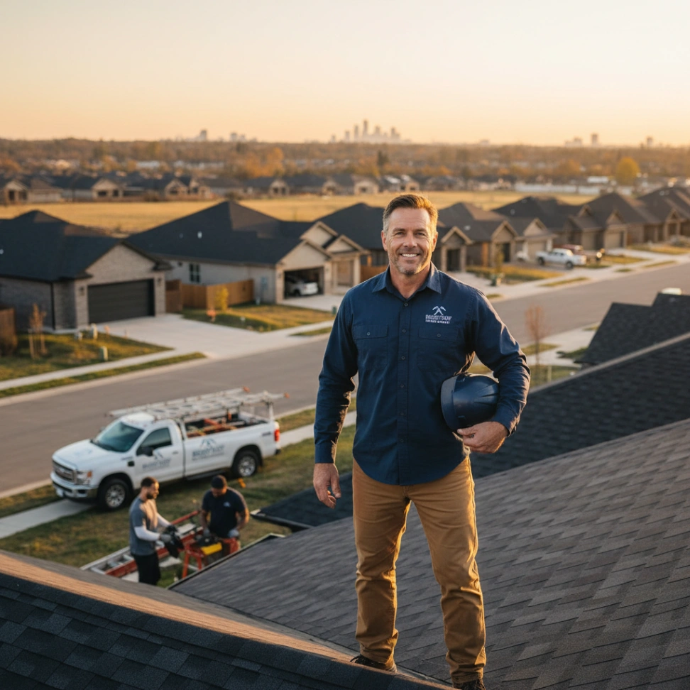 Successful roofing contractor standing on a suburban roof at sunset with crew below, representing the question is roofing business profitable.