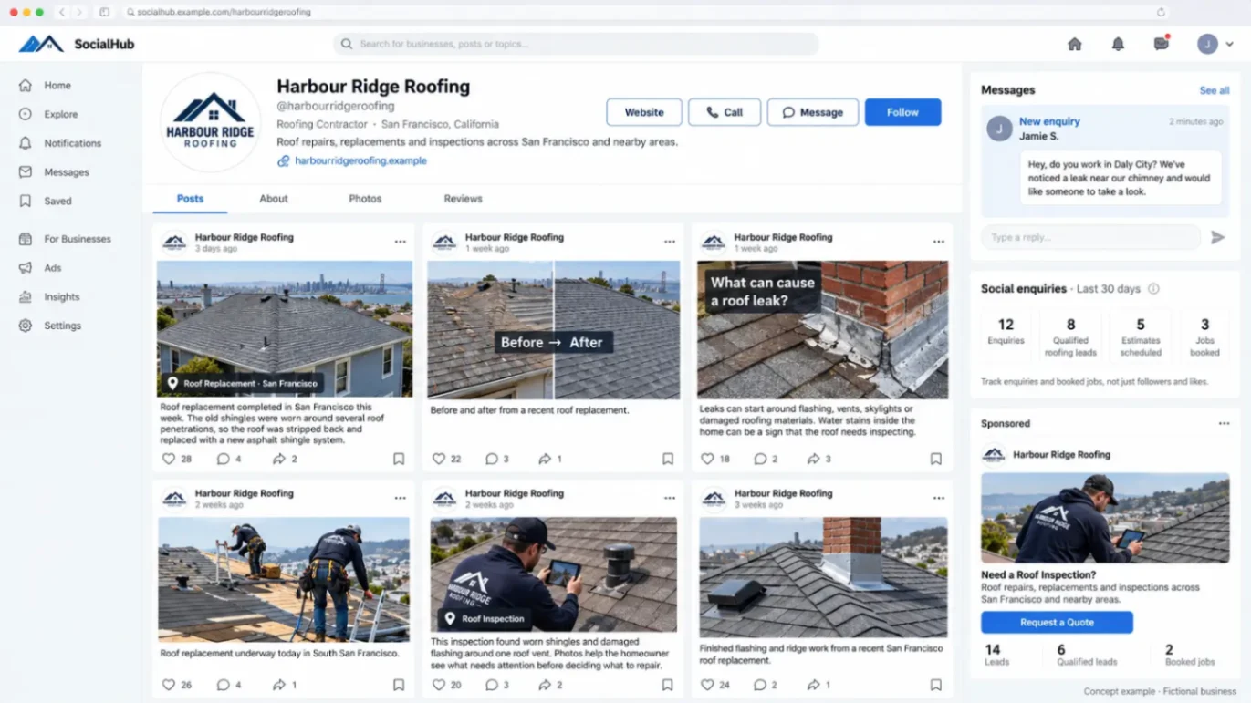 Showcasing roofing craftsmanship and project evidence on social media