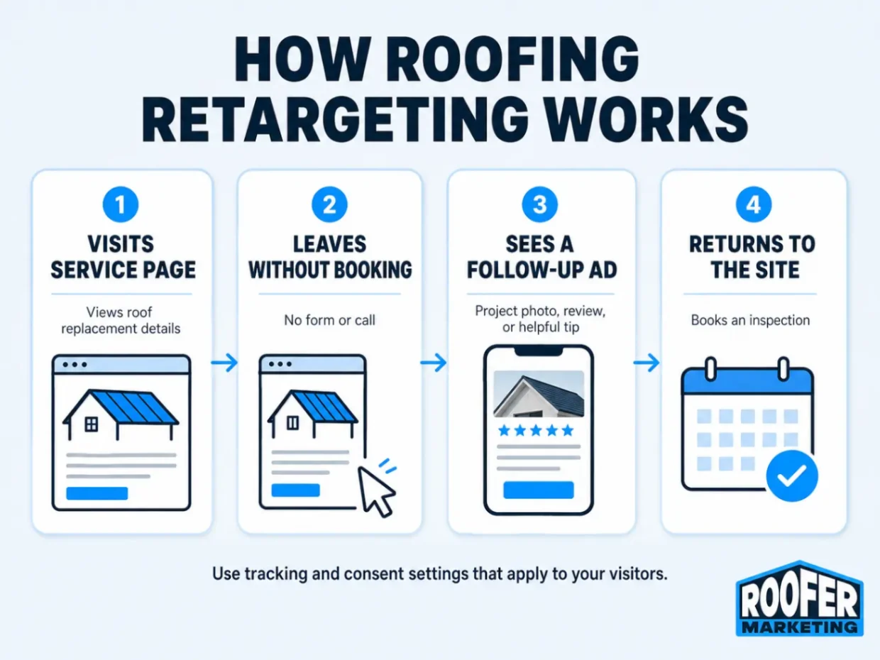 Roofing advertising ideas infographic showing retargeting steps from site visits to booking inspections